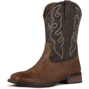 🆕 Men's Square Toe Western Cowboy Boots Faux Leather Riding Winter Fashion